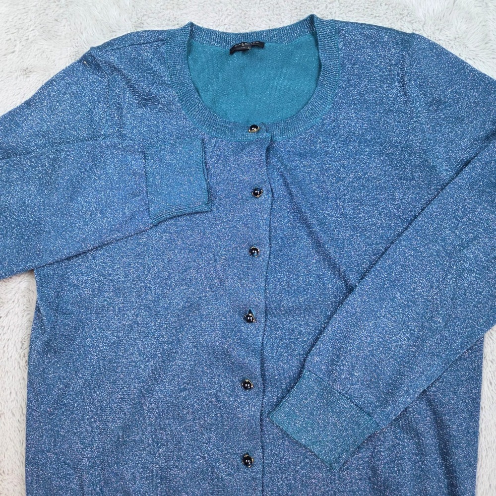 Talbots Cardigan Sweater Womens MP Metallic Sparkle Button Front Blue MP Petite